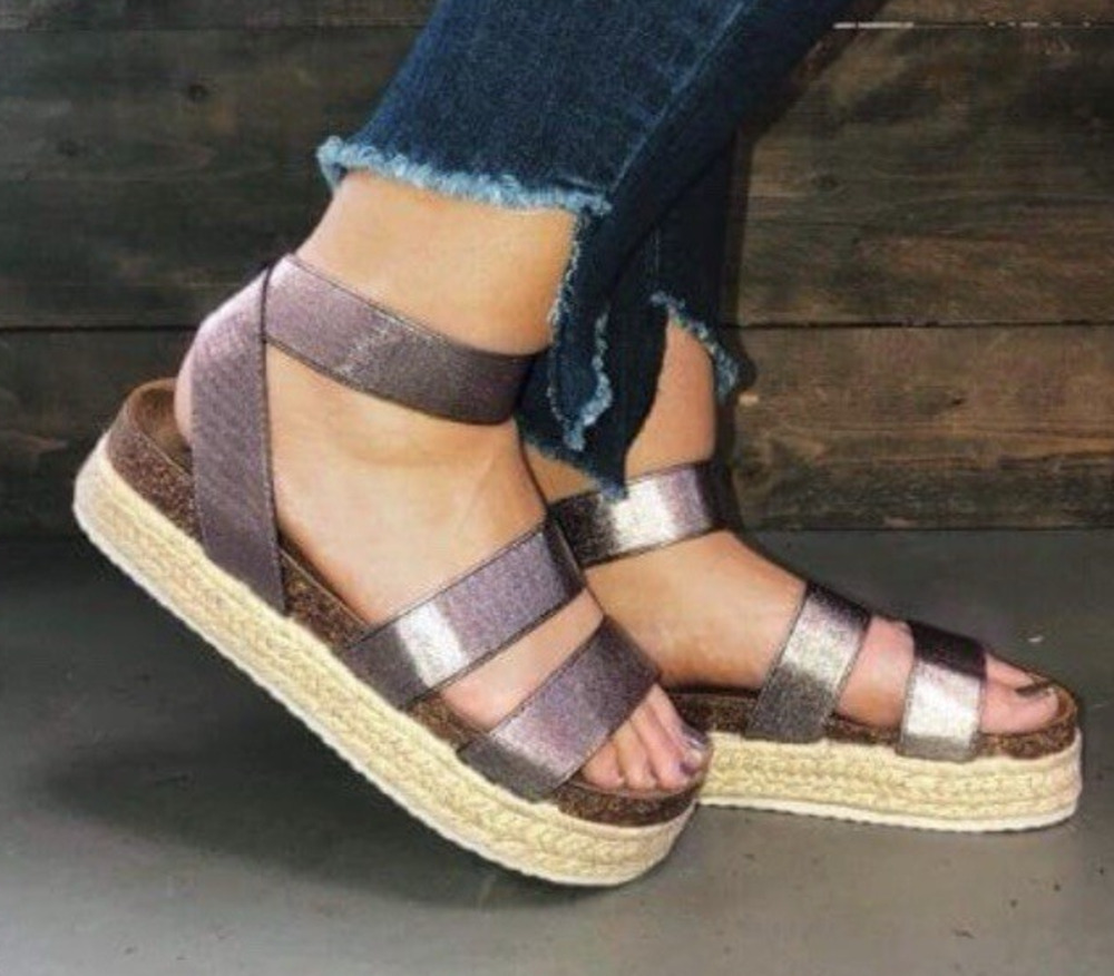 Pierre Dumas Mesa Platform Sandals Pewter Metallic Strappy Espadrille Womens 7 M